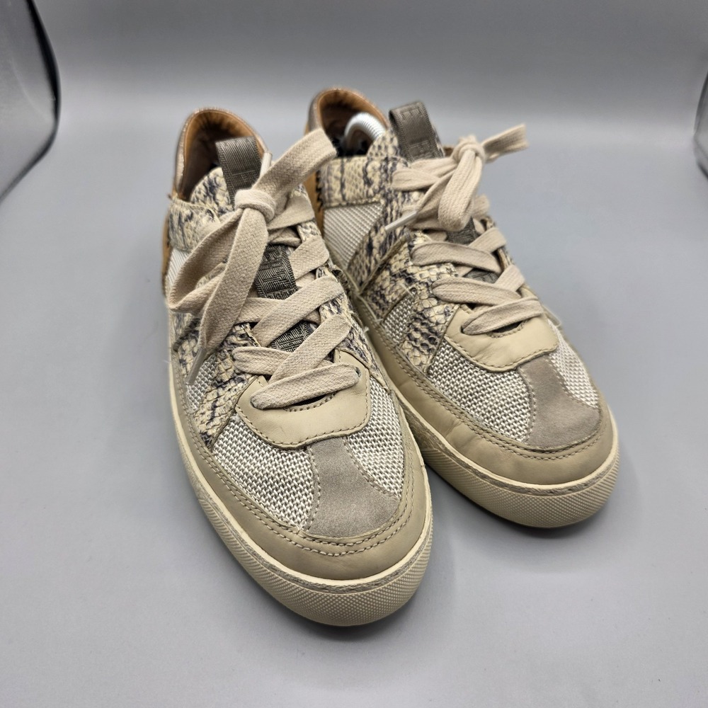 Frye Webster Sneakers Womens 8.5 Beige Leather Platform Snake Print Low Top Shoe